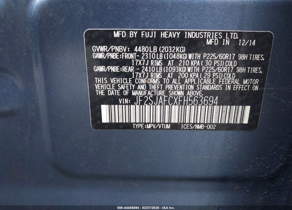 2015 SUBARU FORESTER 2.5I PREMIUM VIN: JF2SJAFCXFH563694