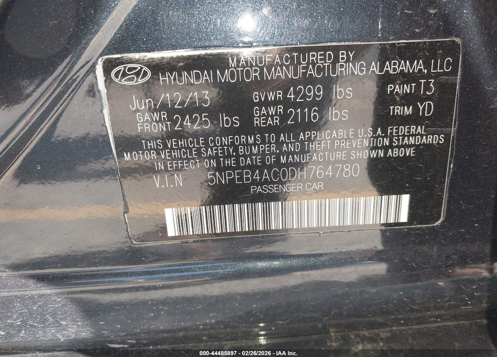 2013 HYUNDAI SONATA GLS VIN: 5NPEB4AC0DH764780