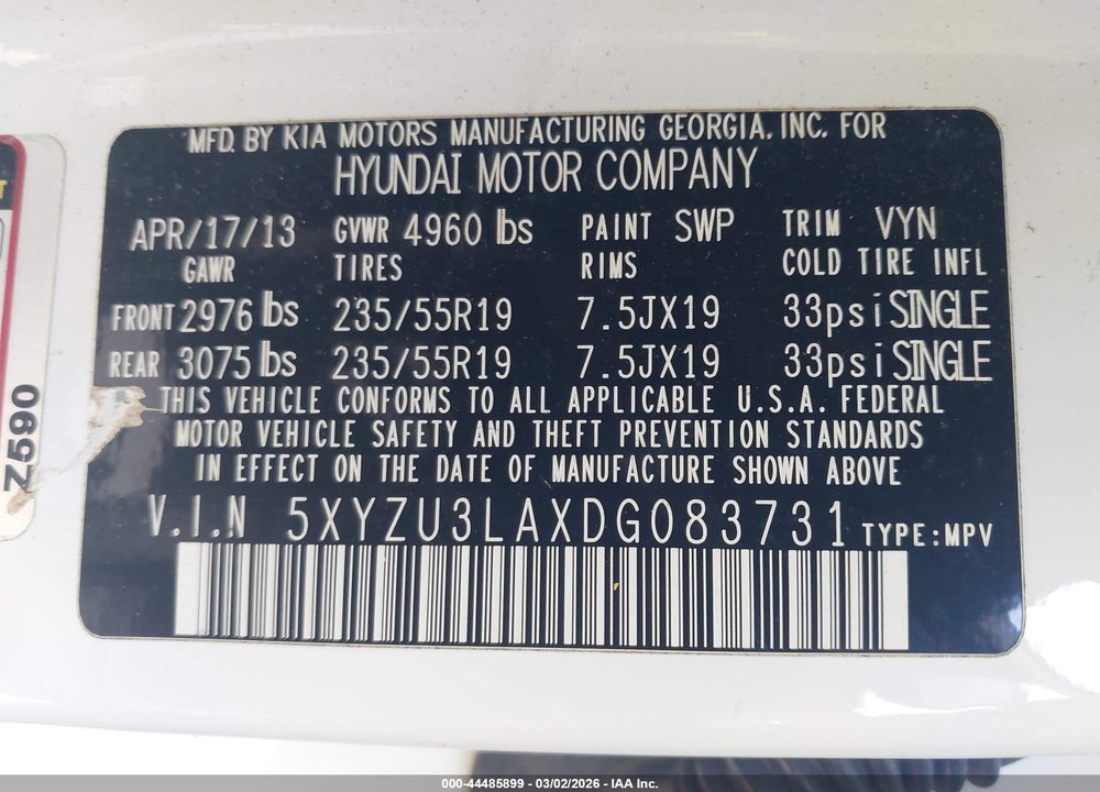 2013 HYUNDAI SANTA FE SPORT 2.0T VIN: 5XYZU3LAXDG083731