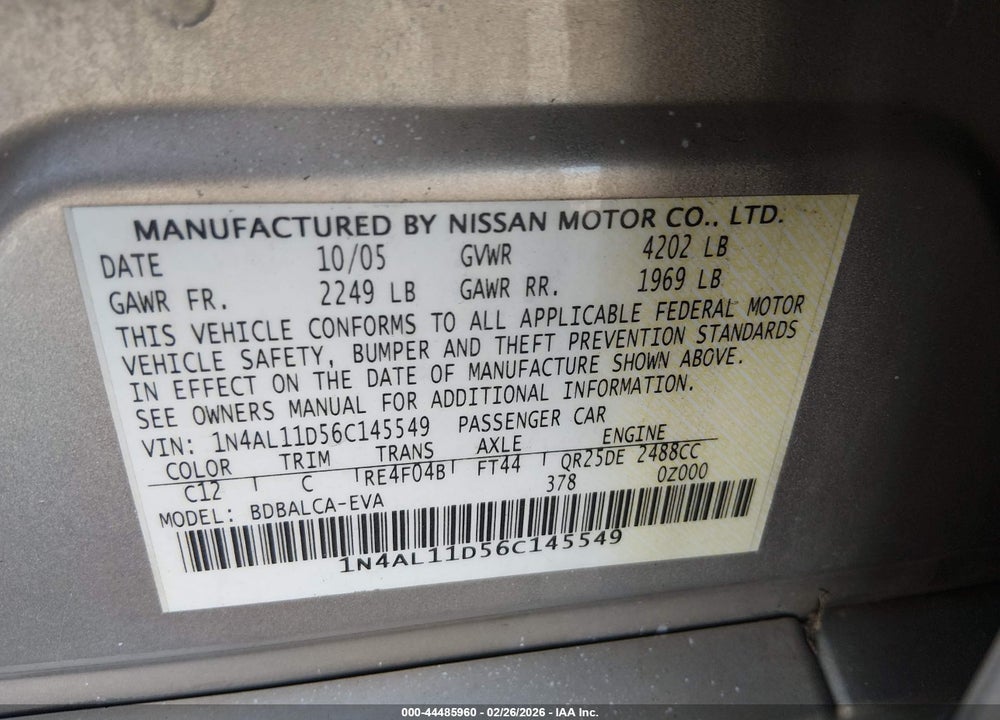 2006 NISSAN ALTIMA 2.5 S VIN: 1N4AL11D56C145549