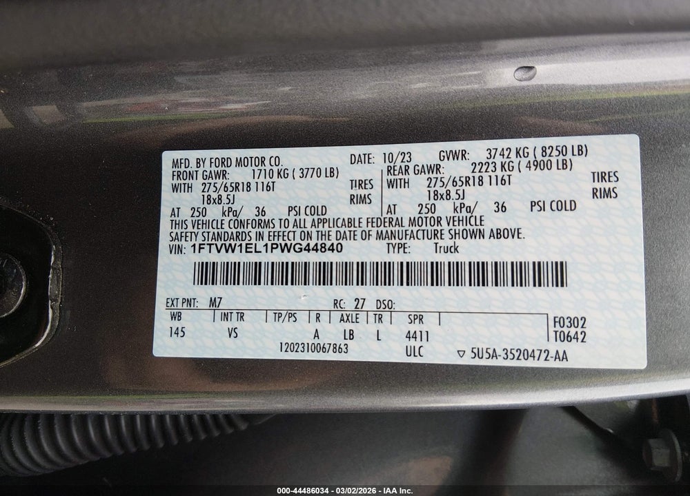 2023 FORD F-150 LIGHTNING PRO VIN: 1FTVW1EL1PWG44840