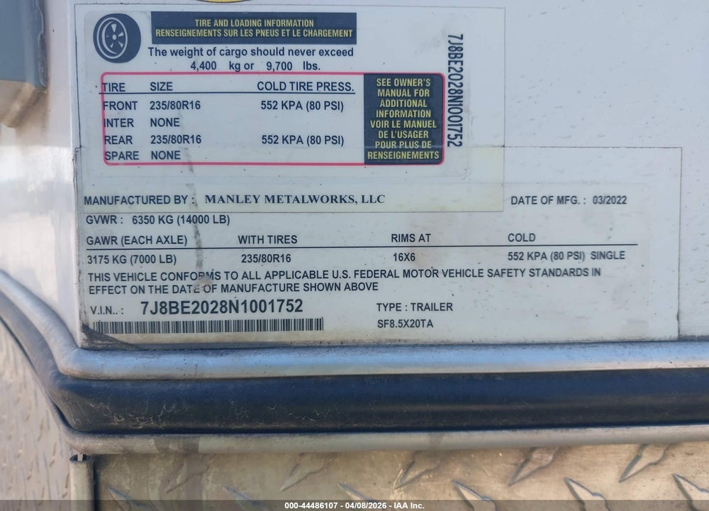 2022 TRAILER MANLEY METALWORKS VIN: 7J8BE2028N1001752