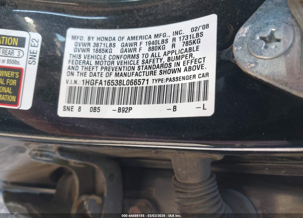 2008 HONDA CIVIC VIN: 1HGFA16538L066571