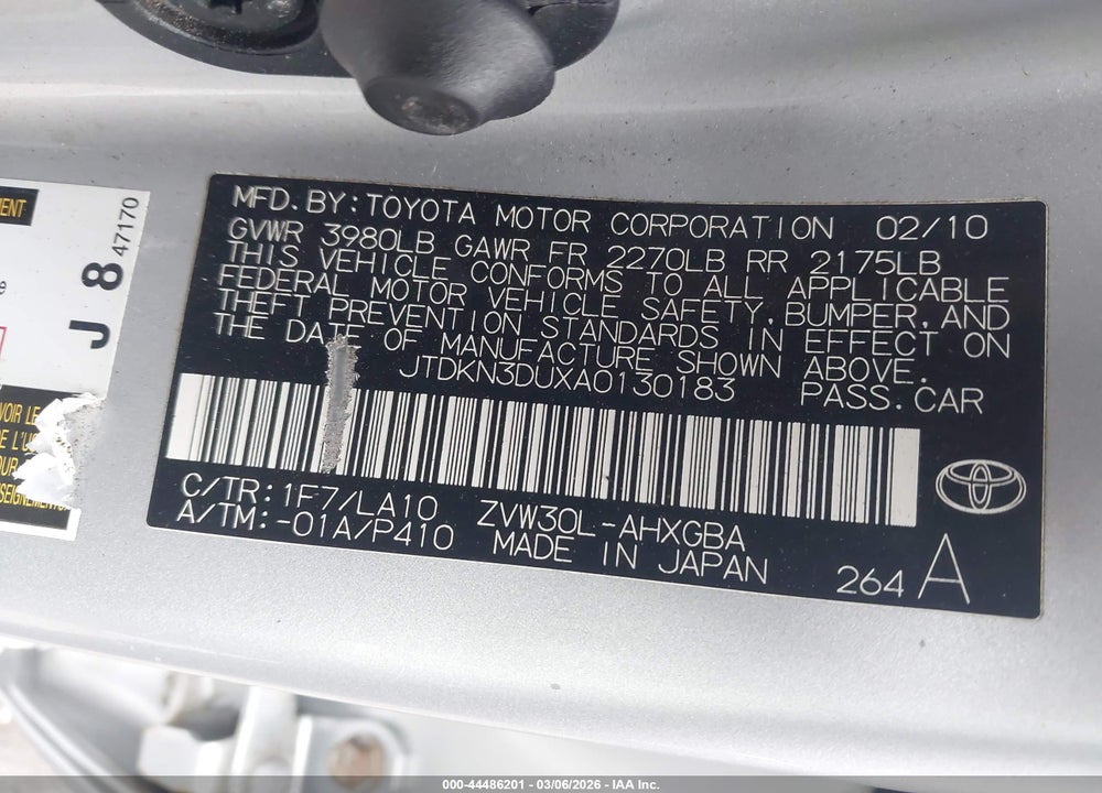 2010 TOYOTA PRIUS IV VIN: JTDKN3DUXA0130183
