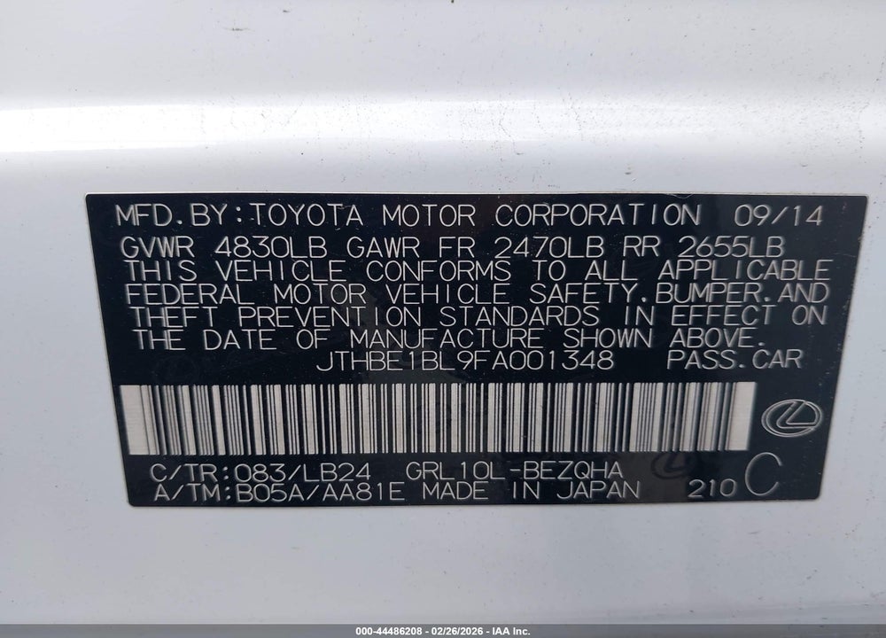 2015 LEXUS GS 350 VIN: JTHBE1BL9FA001348