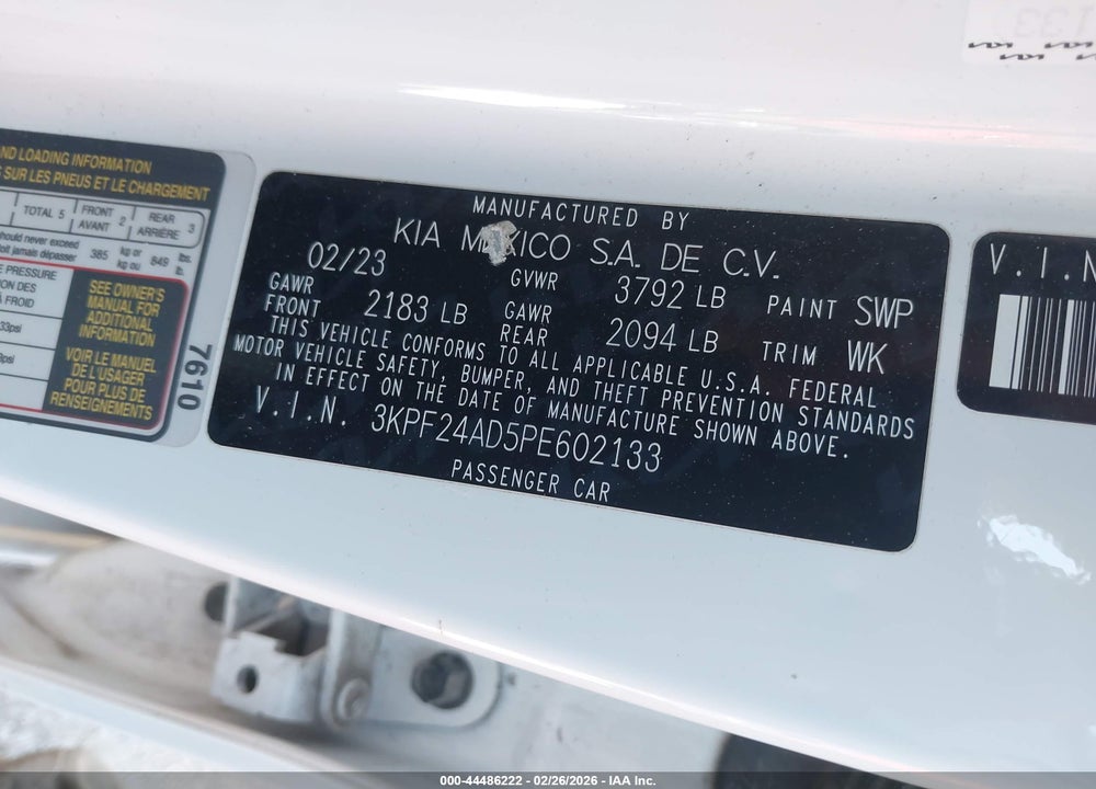 2023 KIA FORTE LXS VIN: 3KPF24AD5PE602133