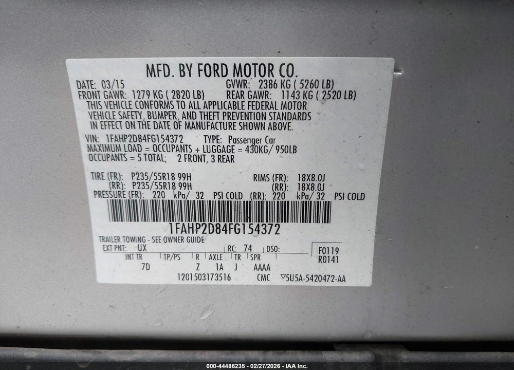 2015 FORD TAURUS SE VIN: 1FAHP2D84FG154372