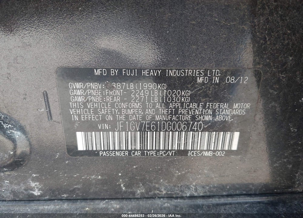 2013 SUBARU IMPREZA WRX VIN: JF1GV7E61DG006740