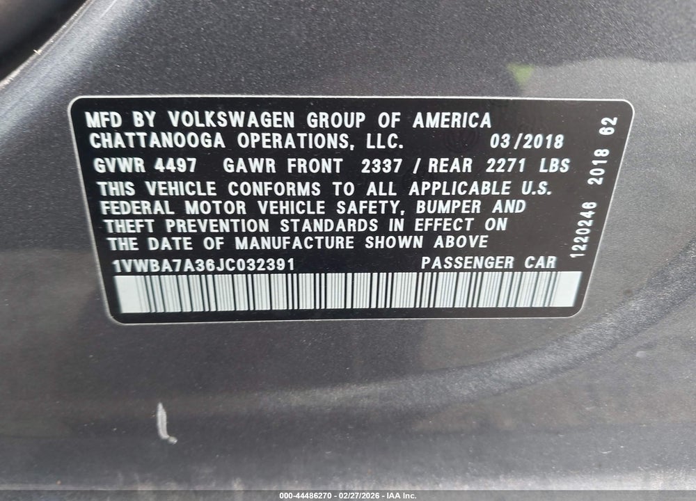 2018 VOLKSWAGEN PASSAT 2.0T SE VIN: 1VWBA7A36JC032391