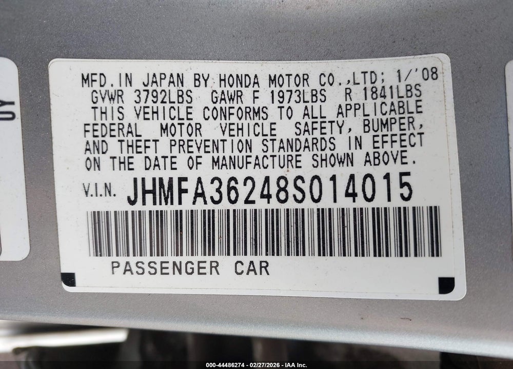2008 HONDA CIVIC HYBRID VIN: JHMFA36248S014015