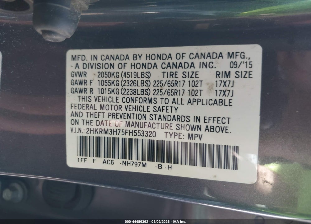 2015 HONDA CR-V EX-L VIN: 2HKRM3H75FH553320