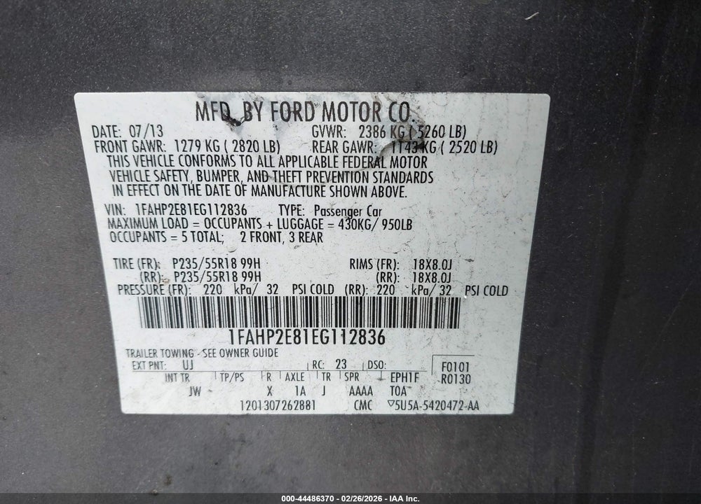 2014 FORD TAURUS SEL VIN: 1FAHP2E81EG112836