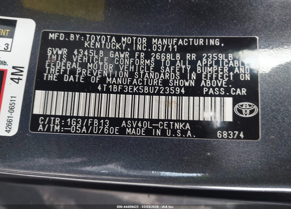 2011 TOYOTA CAMRY LE VIN: 4T1BF3EK5BU723594