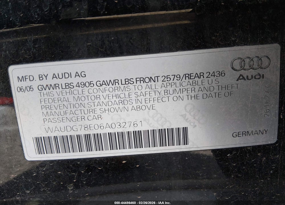 2006 AUDI A4 3.2 VIN: WAUDG78E06A032761
