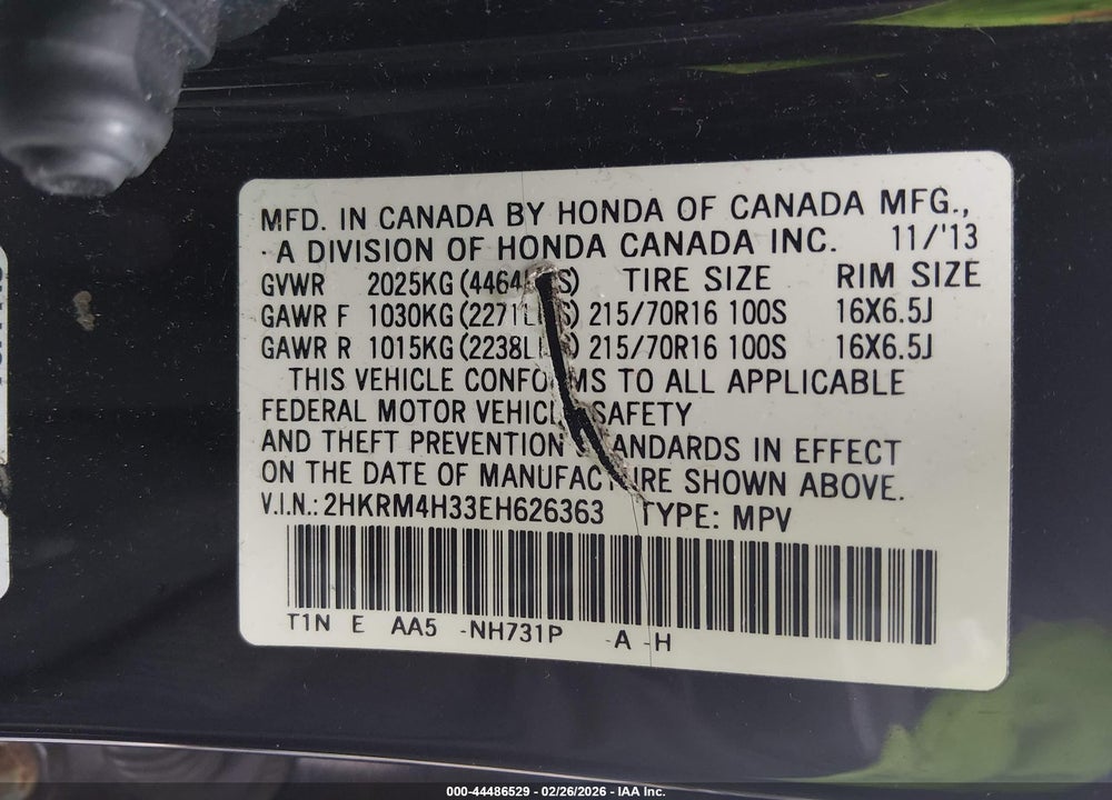2014 HONDA CR-V LX VIN: 2HKRM4H33EH626363