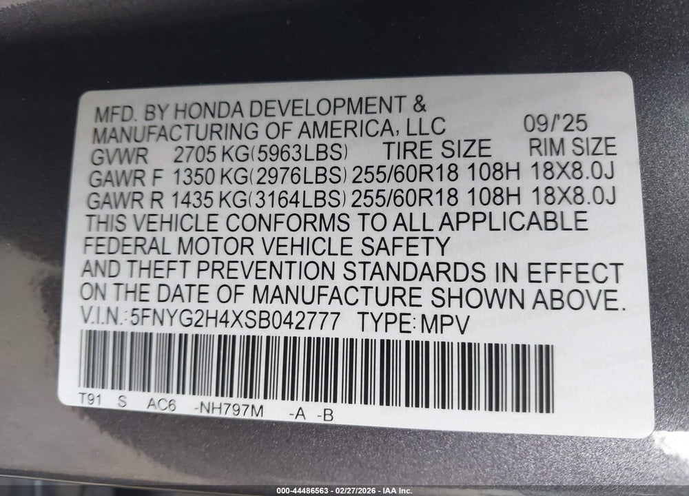 2025 HONDA PILOT EX-L VIN: 5FNYG2H4XSB042777
