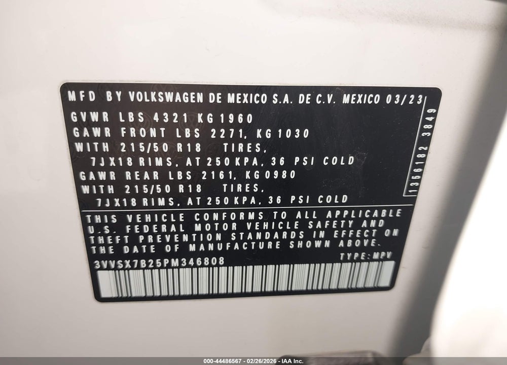 2023 VOLKSWAGEN TAOS 1.5T SE VIN: 3VVSX7B25PM346808