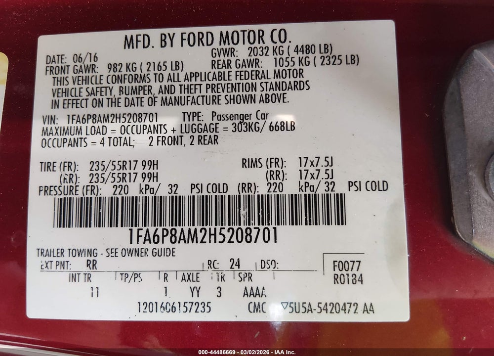 2017 FORD MUSTANG V6 VIN: 1FA6P8AM2H5208701