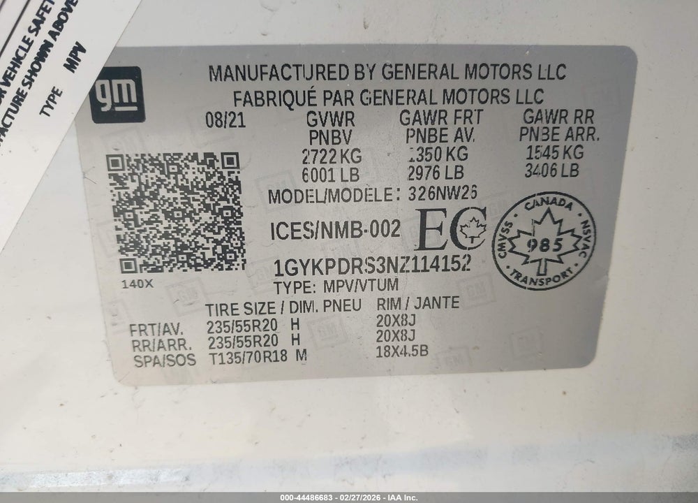 2022 CADILLAC XT6 PREMIUM LUXURY VIN: 1GYKPDRS3NZ114152