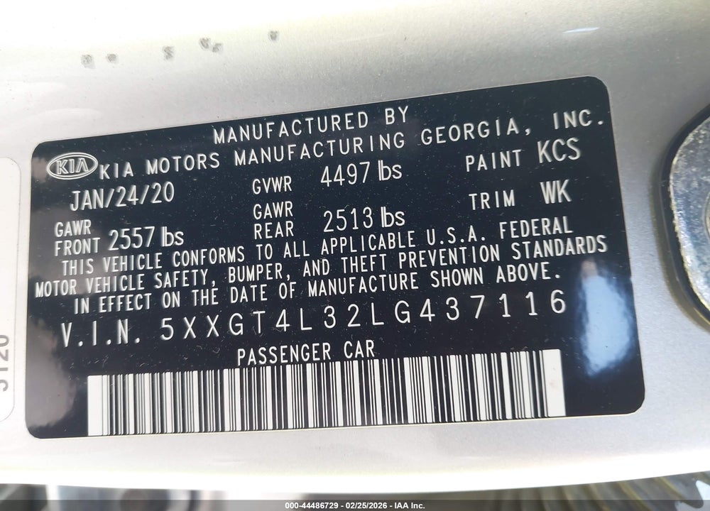 2020 KIA OPTIMA LX VIN: 5XXGT4L32LG437116