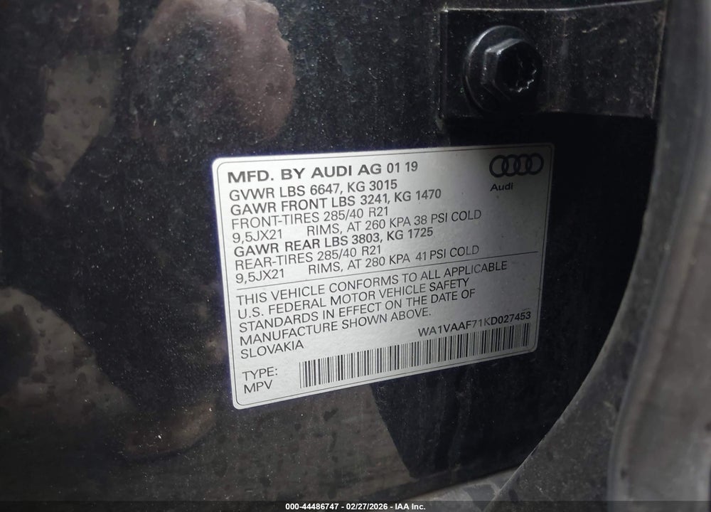 2019 AUDI Q7 55 PREMIUM VIN: WA1VAAF71KD027453