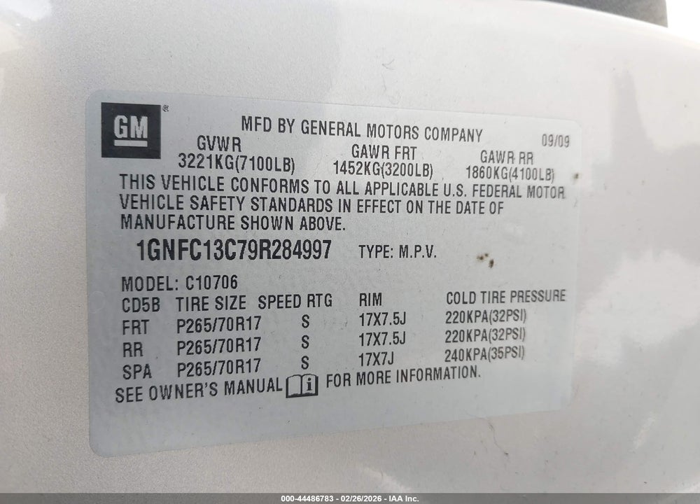 2009 CHEVROLET TAHOE LS VIN: 1GNFC13C79R284997