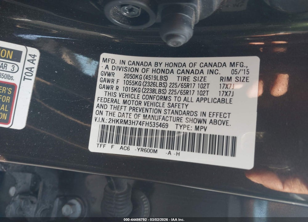 2015 HONDA CR-V EX-L VIN: 2HKRM3H74FH535469