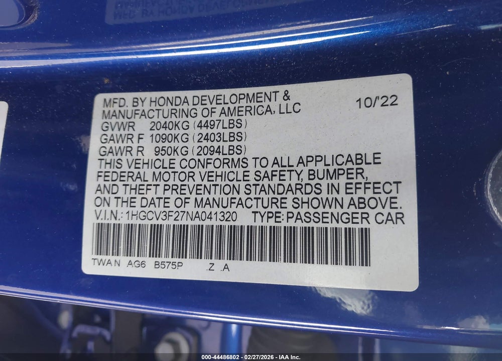 2022 HONDA ACCORD HYBRID SPORT VIN: 1HGCV3F27NA041320