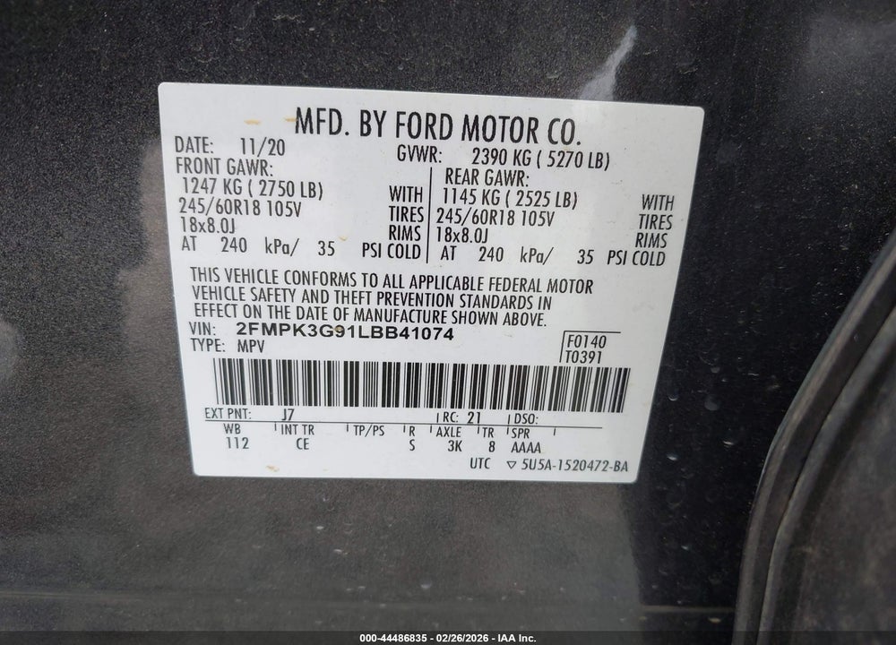 2020 FORD EDGE SE VIN: 2FMPK3G91LBB41074