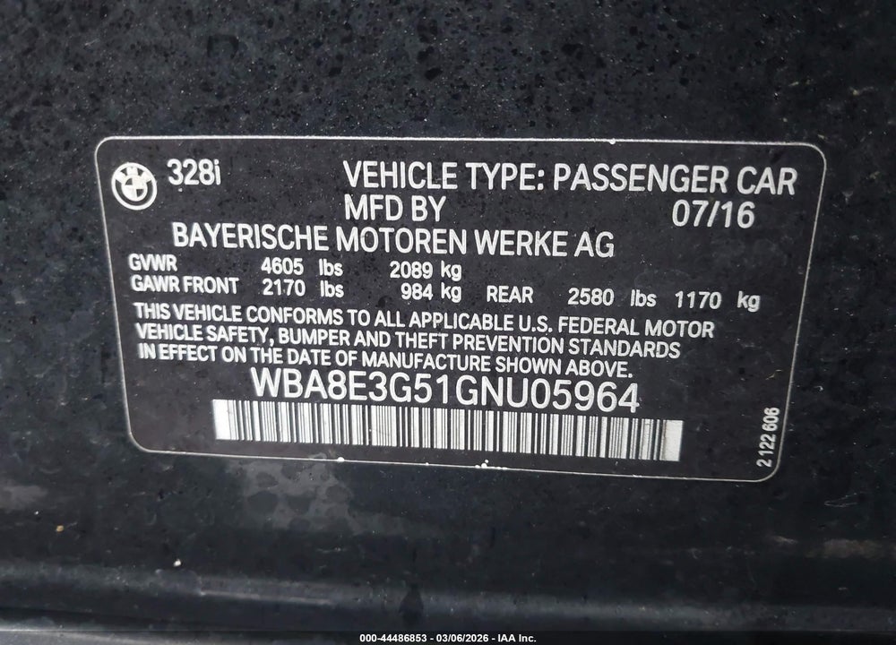 2016 BMW 328I XDRIVE VIN: WBA8E3G51GNU05964