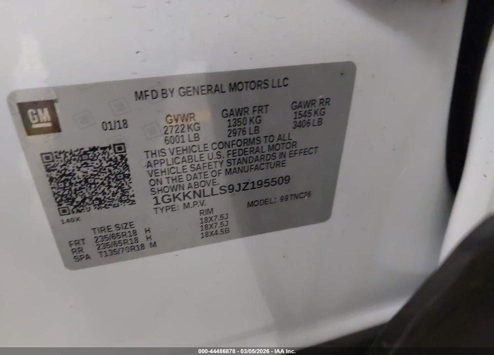 2018 GMC ACADIA SLE-2 VIN: 1GKKNLLS9JZ195509