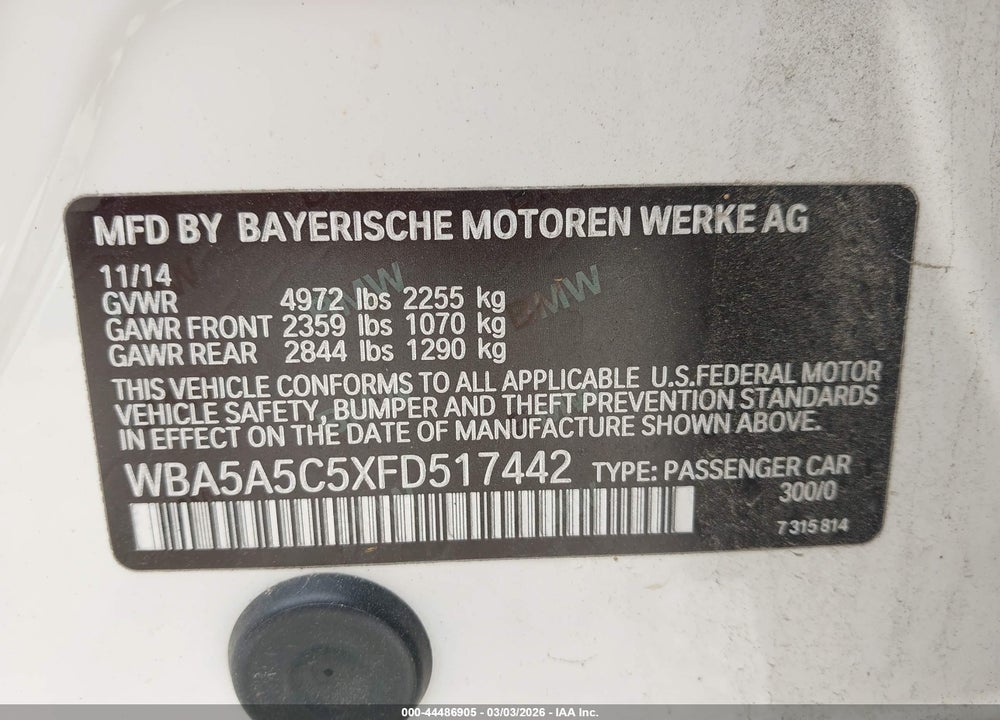 2015 BMW 528I VIN: WBA5A5C5XFD517442