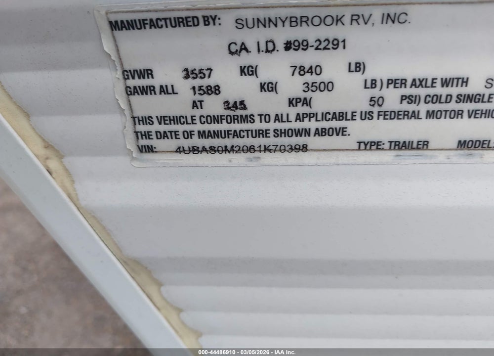 2006 SUNNYBROOK TRAVEL TRLR VIN: 4UBAS0M2061K70398