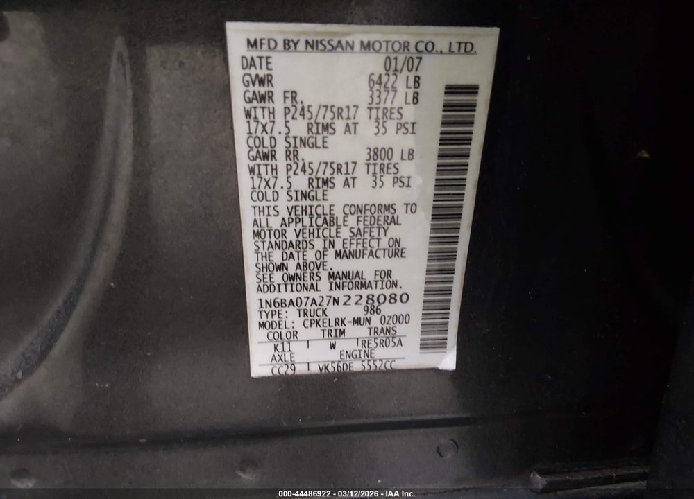 2007 NISSAN TITAN XE VIN: 1N6BA07A27N228080