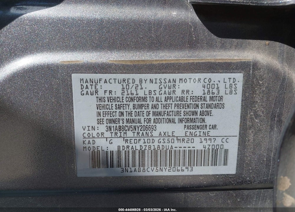 2022 NISSAN SENTRA SV XTRONIC CVT VIN: 3N1AB8CV5NY206693