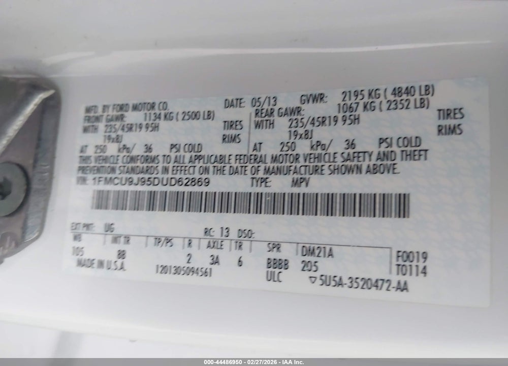 2013 FORD ESCAPE TITANIUM VIN: 1FMCU9J95DUD62869