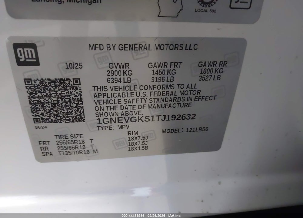 2026 CHEVROLET TRAVERSE AWD LT VIN: 1GNEVGKS1TJ192632