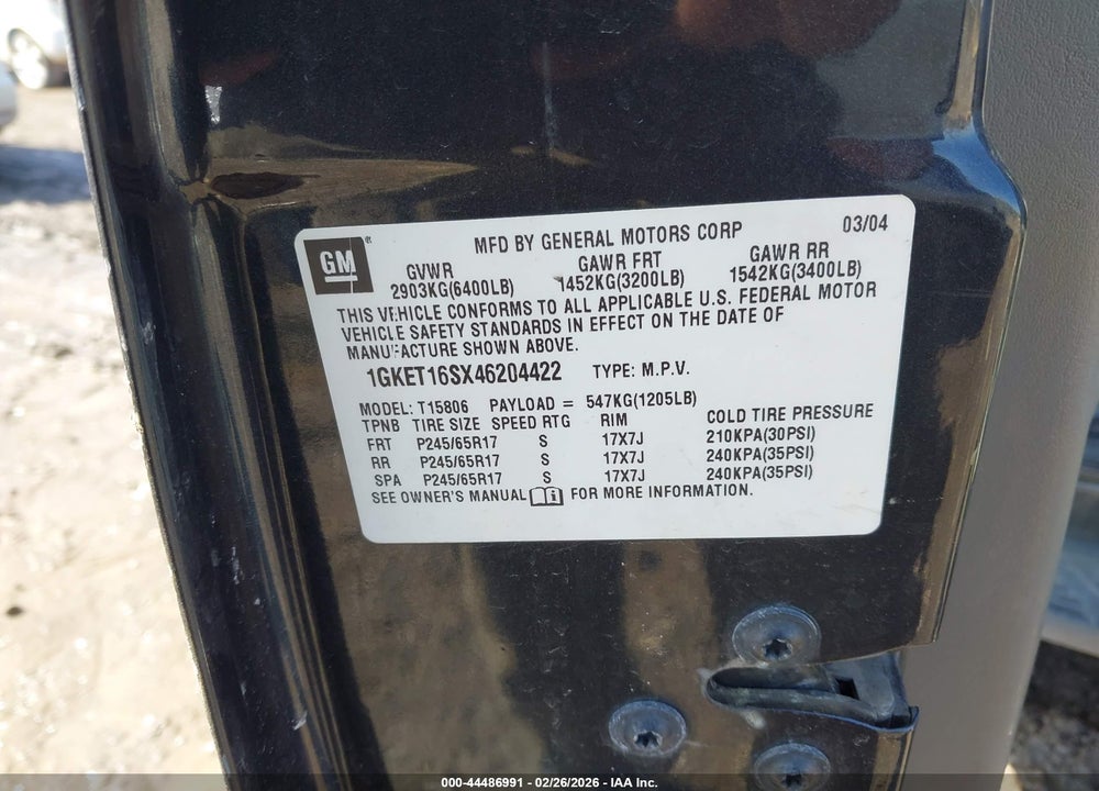 2004 GMC ENVOY XL SLT VIN: 1GKET16SX46204422
