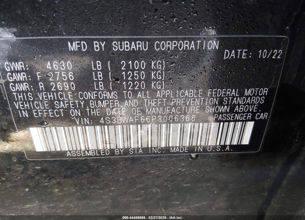 2023 SUBARU LEGACY PREMIUM VIN: 4S3BWAF66P3006368