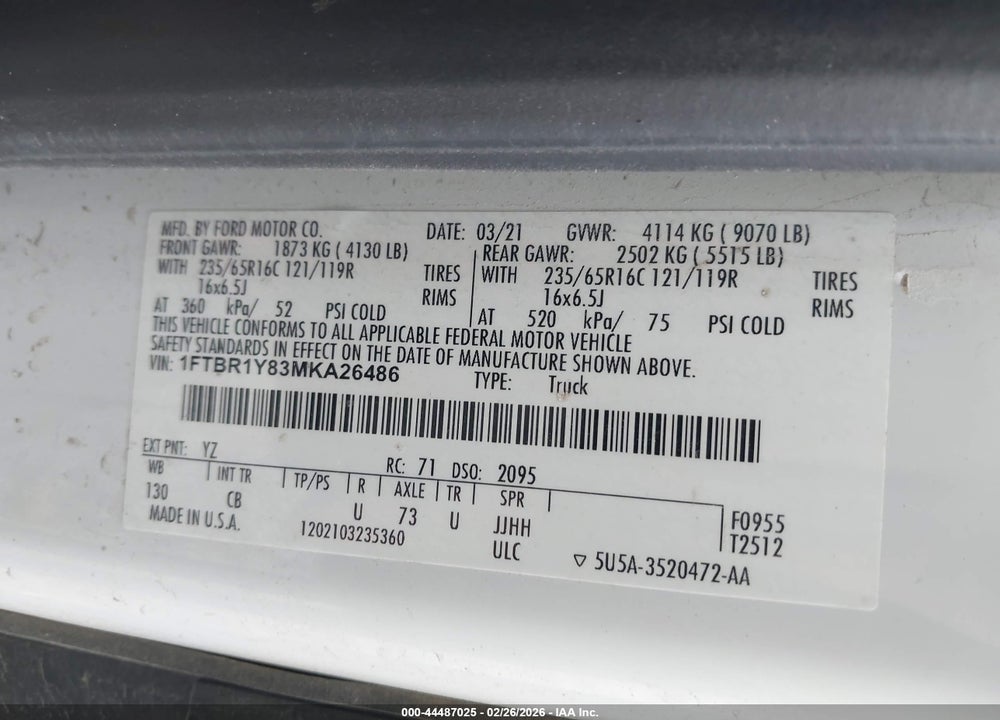 2021 FORD TRANSIT-250 VIN: 1FTBR1Y83MKA26486