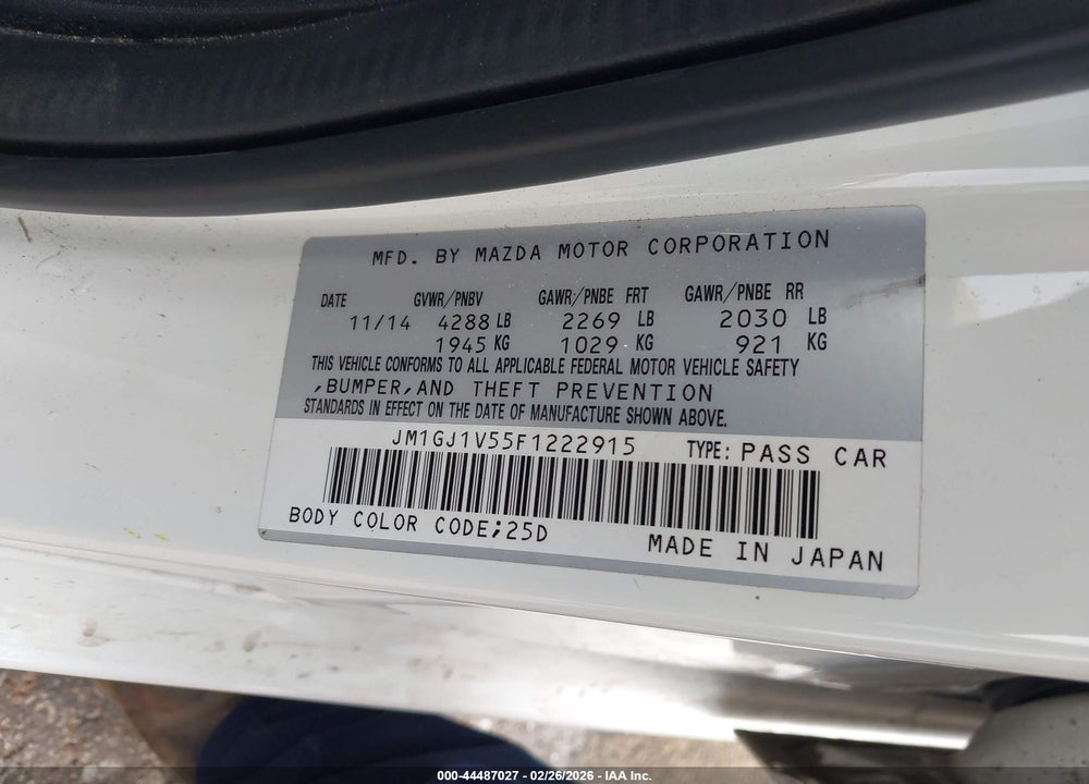 2015 MAZDA 6 I TOURING VIN: JM1GJ1V55F1222915
