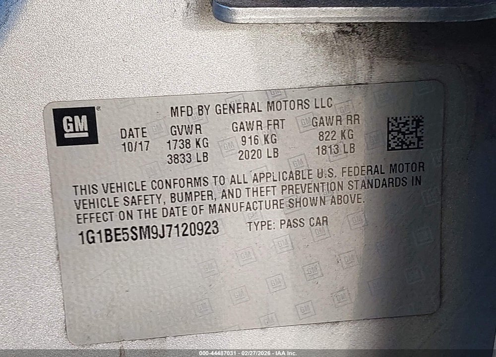 2018 CHEVROLET CRUZE LT AUTO VIN: 1G1BE5SM9J7120923