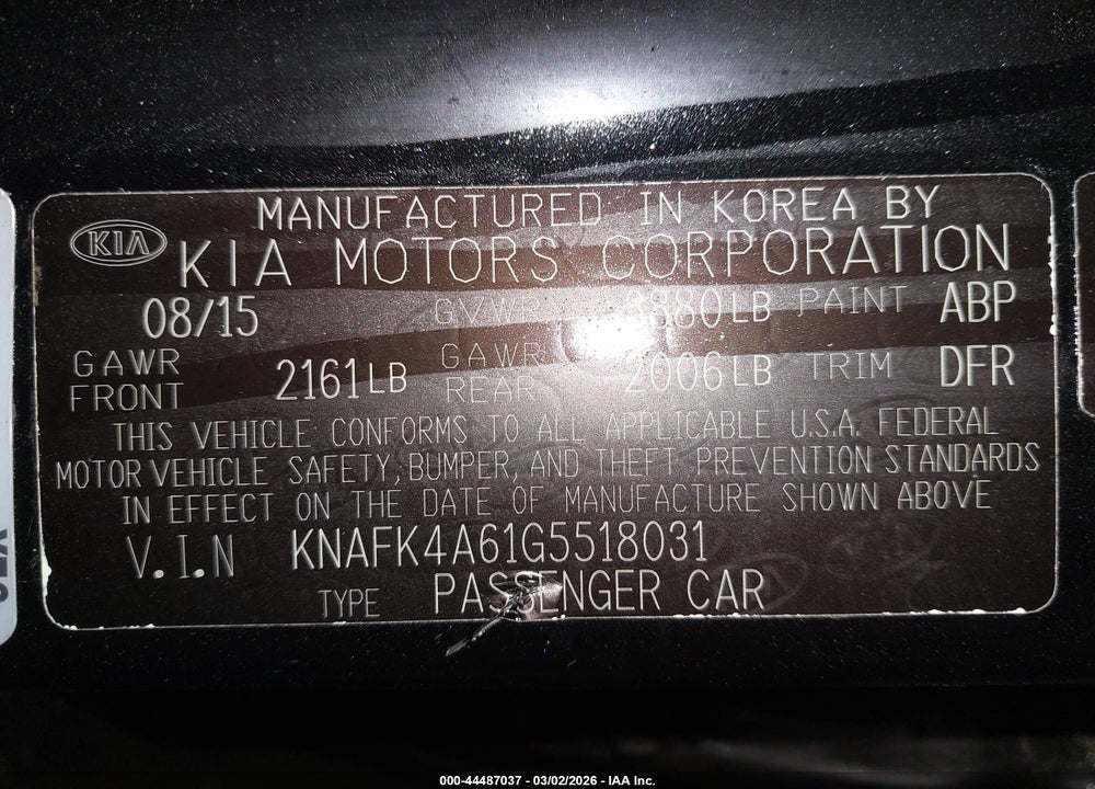 2016 KIA FORTE LX VIN: KNAFK4A61G5518031
