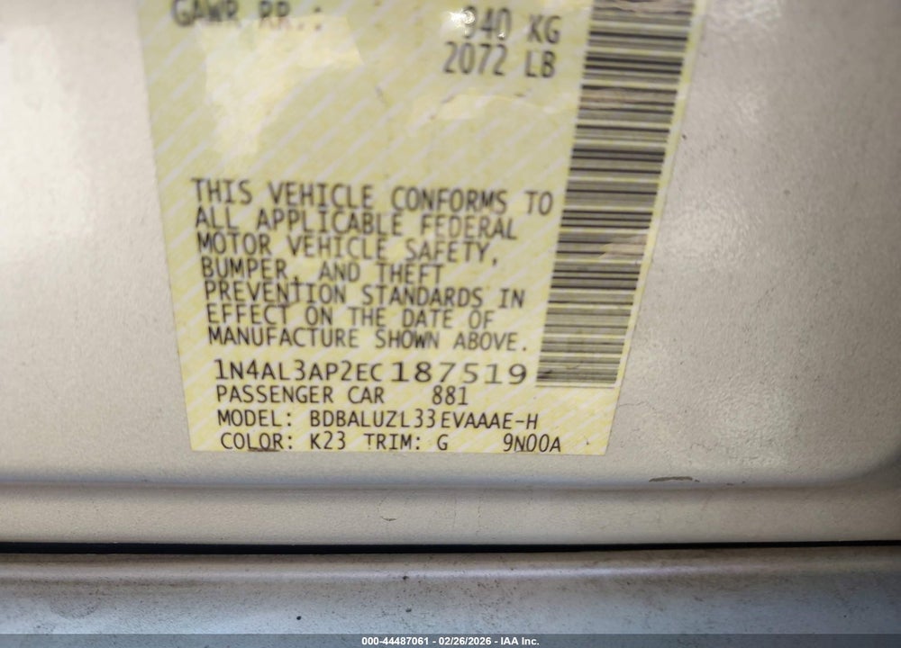 2014 NISSAN ALTIMA 2.5 SV VIN: 1N4AL3AP2EC187519