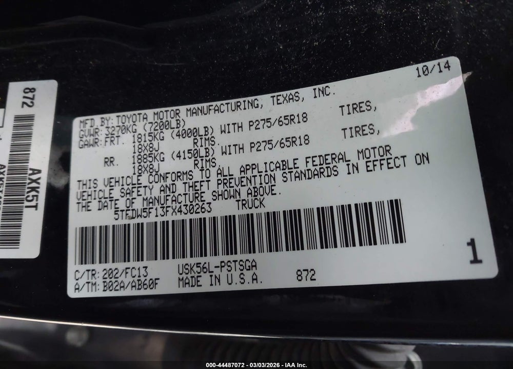2015 TOYOTA TUNDRA SR5 5.7L V8 VIN: 5TFDW5F13FX430263