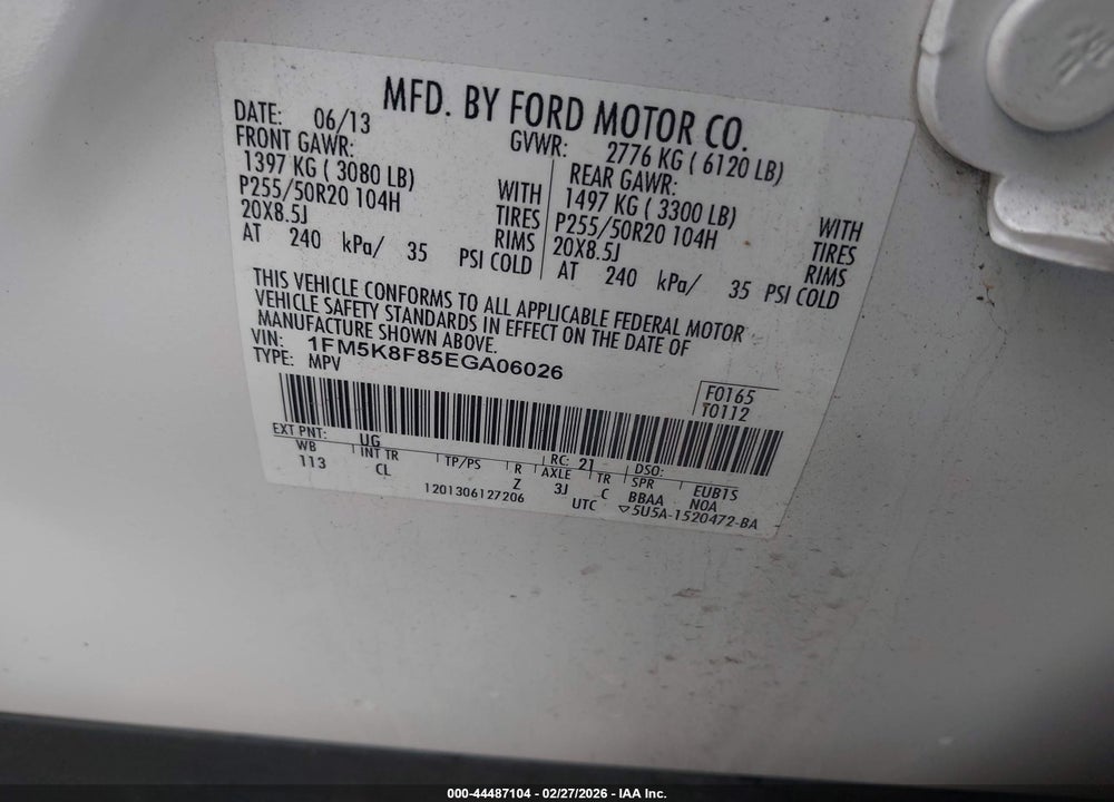 2014 FORD EXPLORER LIMITED VIN: 1FM5K8F85EGA06026