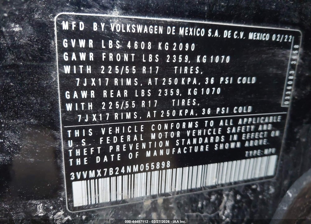2022 VOLKSWAGEN TAOS 1.5T S VIN: 3VVMX7B24NM055898