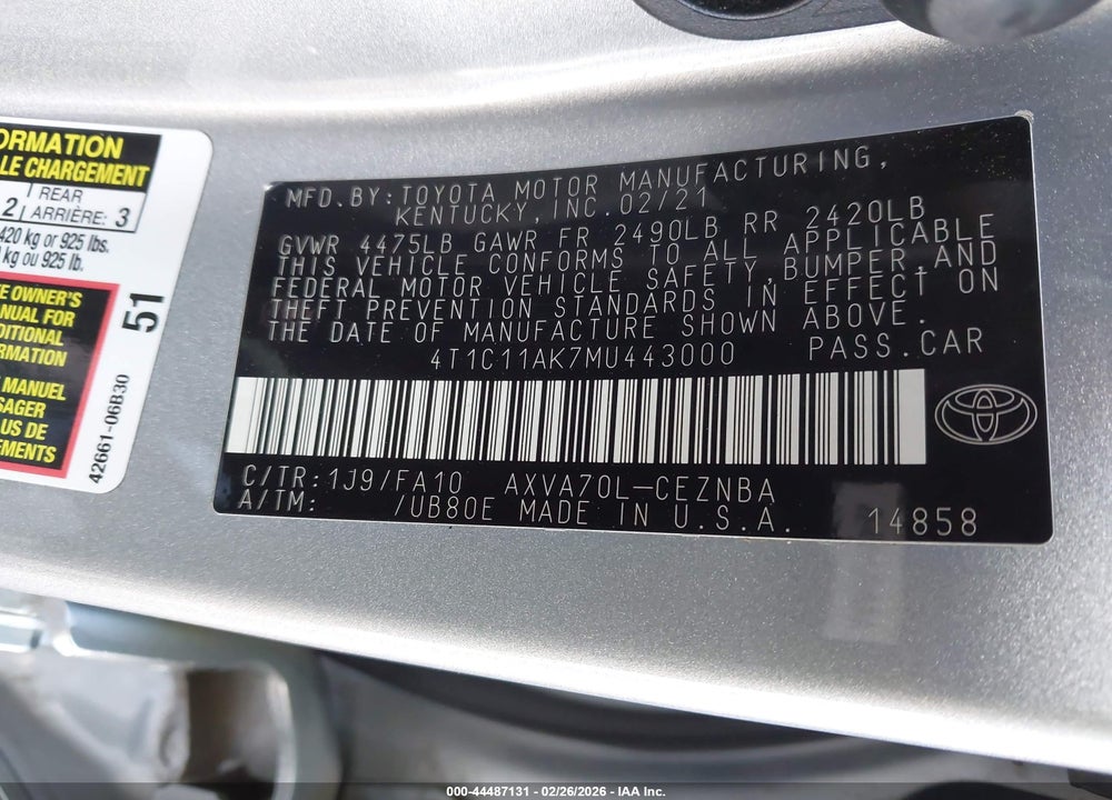 2021 TOYOTA CAMRY LE VIN: 4T1C11AK7MU443000