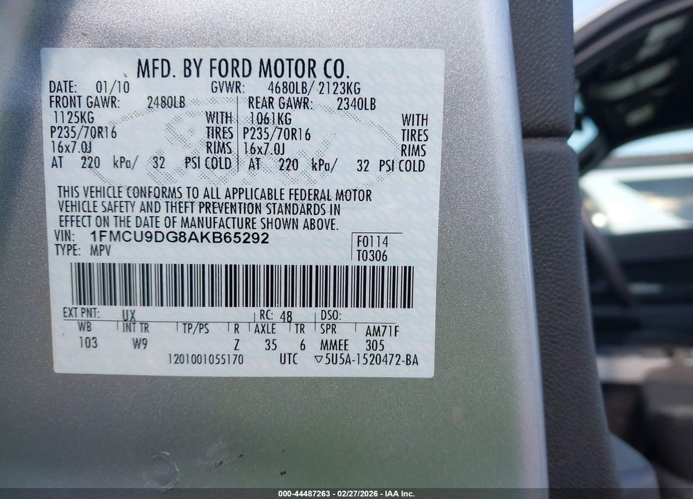 2010 FORD ESCAPE XLT VIN: 1FMCU9DG8AKB65292