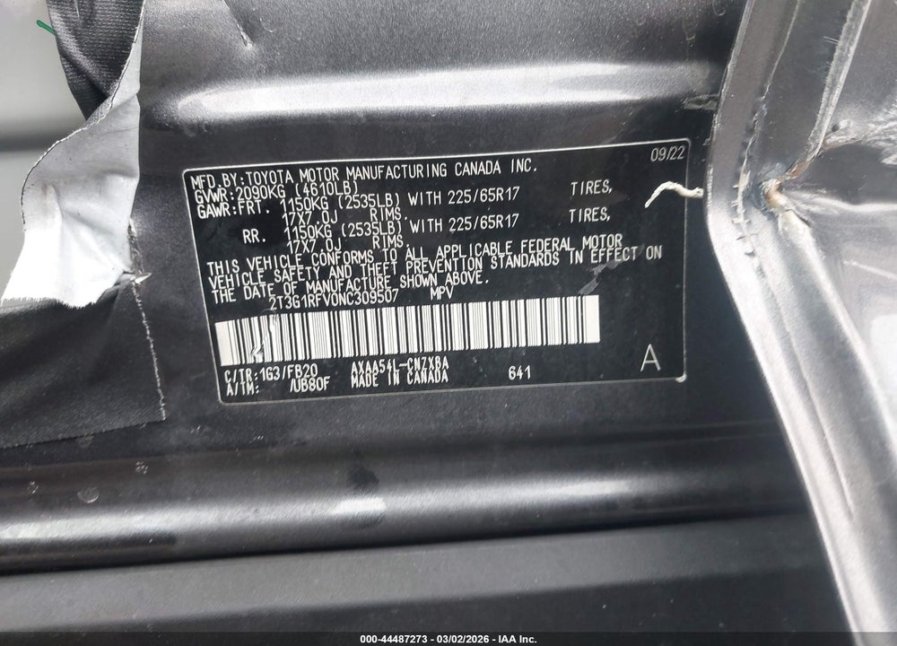 2022 TOYOTA RAV4 LE VIN: 2T3G1RFV0NC309507